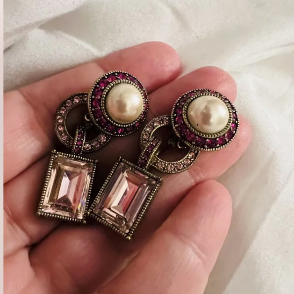 HEIDI DAUS FAUX PEARL & PINK RHINESTONES, DANGLE GOLD